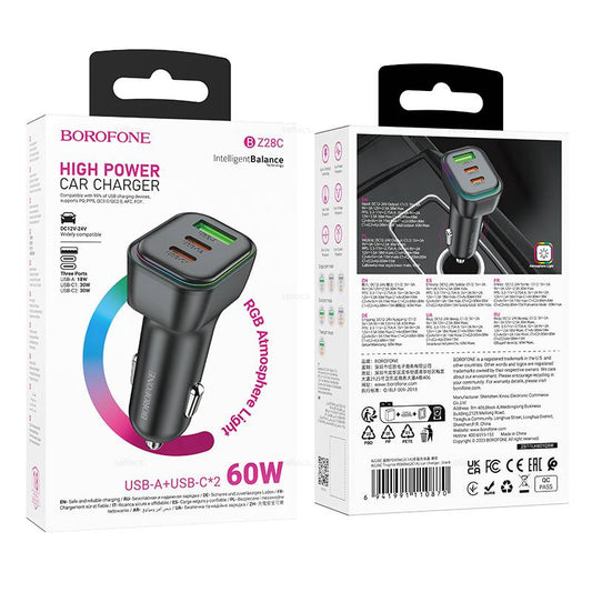 BOROFONE PD60W Car Charger 3.0 Fast Charging 2 Type C+ 1USB Port Car Charger Adapter