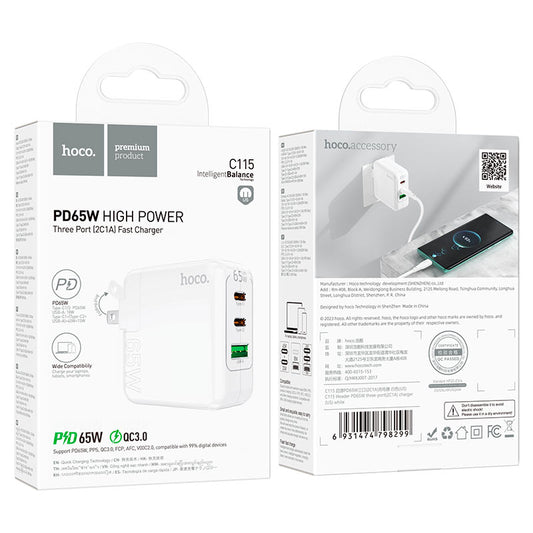 Hoco C115 65W Fast Charger – 2x USB-C + USB-A | Super Fast Charge | Ships from Canada